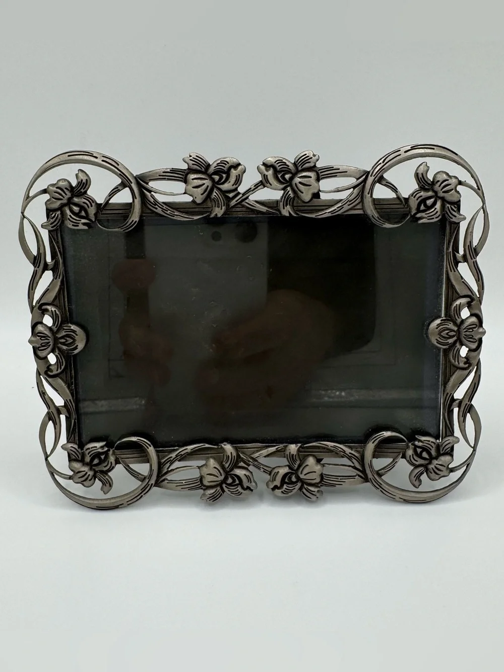 Vintage Filigree Metal Picture Frame 3x5 Orchid Flower Silver Pewter Art Nouveau